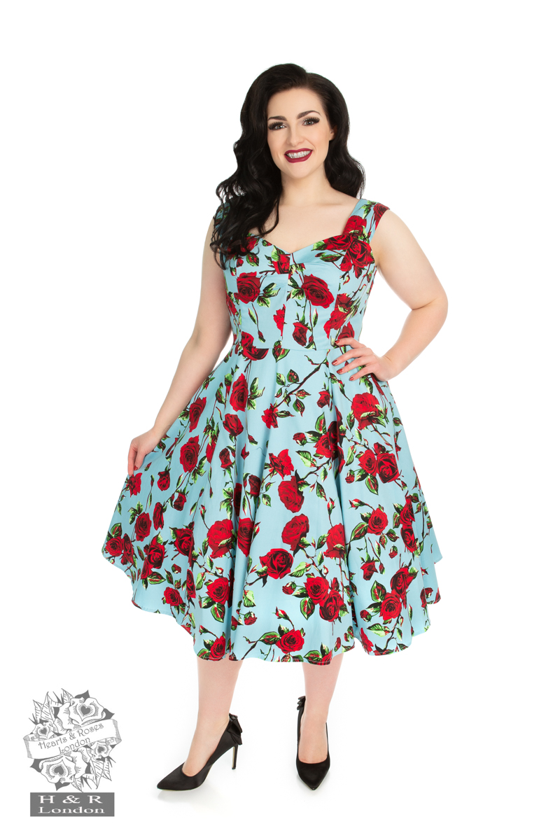 50s Ditsy Rose Floral Summer Dress in Blue